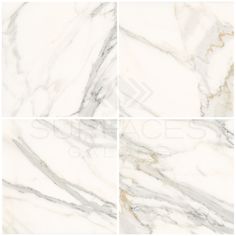 four different angles of marble tiles with white and grey veining on the same surface