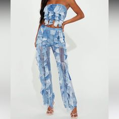 Denim Print Two Piece Pant Set Never Worn!! Light Blue Denim Pants For Summer, Light Blue Denim Summer Pants, Light Blue Fitted Denim Pants, Fitted Light Blue Denim Pants, Fitted Denim Blue Pants For Summer, Fitted Denim Pants For Summer, Blue High-waisted Jeans For Summer, Summer Party Wide Leg Jeans, Summer Denim Pants For Day Out