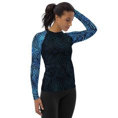 Beautiful and figure flattering rash guard. Don't be afraid to be your most active self in this smooth and versatile long-sleeve rash guard! It protects you from the sun, wind, and other elements while doing sports, and the slim fit, flat ergonomic seams, and the longer body gives extra comfort. This piece is part of a collection. Additional pieces are available. * 82% polyester, 18% spandex * 6.78 oz/yd² (230 g/m²) (weight may vary by 5%) * Very soft four-way stretch fabric that stretches and r Black Stretch Rash Guard For Surfing, Blue High Stretch Athleisure Swimwear, Surfing Moisture-wicking Stretch Tops, Blue High-stretch Athleisure Swimwear, Moisture-wicking Stretch Tops For Surfing, Casual Stretch Tops For Water Sports, Sporty Tops For Water Sports With Upf 50+, Sporty Upf 50+ Tops For Water Sports, Blue Casual Rash Guard For Water Sports