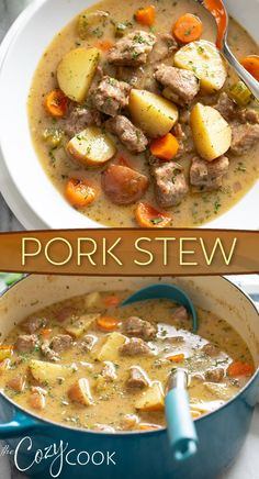 two pictures show different types of food in the same bowl, one with meat and potatoes