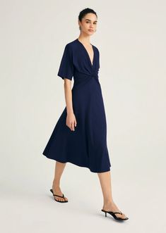 Lorraine Twist Front Midi Dress | Derek Lam 10 Crosby Chic Rayon V-neck Wrap Dress, Chic Rayon Wrap Dress With V-neck, Chic V-neck Rayon Wrap Dress, Chic V-neck Wrap Dress With Draped Sleeves, Elegant Rayon Dress With Surplice Neckline, Drapey V-neck Dress, Chic Drapey V-neck Dress, Flattering V-neck Midi Dress For Work, Summer Viscose Wrap Dress With Surplice Neckline