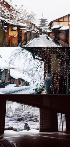 two pictures with snow covered buildings and trees