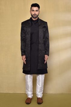 Blackish blue nawabi jacket with woven leaf patterns. Comes with sleeveless pintucked kurta and white churidar. - Aza Fashions White Churidar, Kurta Set Men, Band Jacket, Men Kurta, Leaf Patterns, Silk Jacket, Churidar, Kurta Set, Aza Fashion