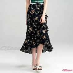 Qteee - Floral Print High-Waisted Asymmetrical Maxi Skirt with Slimming Fit Spring Casual Asymmetrical Maxi Skirt, Casual Asymmetrical Maxi Skirt For Spring, Trendy Bottoms With Asymmetrical Hem For Spring, Asymmetrical Lined Skirt For Spring, Spring Asymmetrical Lined Skirt, Fitted High-low Hem Maxi Skirt For Spring, Spring Casual Maxi Skirt With Asymmetrical Hem, Casual Asymmetrical Skirt, Casual High-low Hem Maxi Skirt For Spring