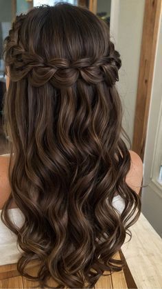 Hairstyle For Long Dresses, Formal Hairstyles All Down, Long Hairstyles Formal, Hairstyles For Dark Hair, Formal Braided Hairstyles, Hairstyles For Long Hair Curly, Grad Hairstyles, Hairstyle Examples, Hairstyles Prom