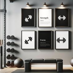 a gym room with posters on the wall