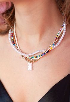 Multiple Colorful Beaded Necklace with a White Gummy Bear Charm - Froppin White Gummy Bear, Gummy Bear Necklace, Layered Beaded Necklace, Colorful Beaded Necklace, Layered Beaded Necklaces, Festival Necklace, Rainbow Pearl, Cherry Earrings, Bear Necklace