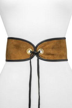 A tied front design makes this corset styled belt a flirty new addition to your wardrobe for a stylish new look. Self-tie front closure. Suede and leather construction. Approx. 3.25" width. Imported Elegant Leather Corset Belt For Fall, Fitted Leather Corset Belt, Adjustable Leather Corset Belt, Chic Brown Corset Belt, Chic Leather Corset Belt For Fall, Chic Leather Corset Belt With Belt Loops, Leather Corset Belt With Belt Loops, Chic Brown Corset Belt With Self Belt, Elegant Adjustable Leather Corset Belt