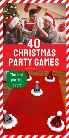 christmas party games with santa hats on top and people in the background looking at them