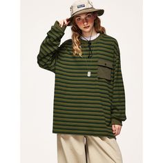 Autumn Retro Striped Pullover T-Shirt  Material: 100% Cotton  Size: M, L, XL Color: Purple, Dark Green  Season: Spring, Fall,   Occasion: Leisure, Outdoor, Daily, Vacation,Fall Outfits Khaki Crew Neck Top For Streetwear, Casual Striped Tops For Fall, Green Casual Long Sleeve Top For Layering, Oversized Striped Tops For Streetwear, Casual Green Long Sleeve Top For Layering, Winter Khaki Crew Neck Top, Winter Crew Neck Khaki Top, Khaki Crew Neck Top For Winter, Casual Striped Sweatshirt For Streetwear