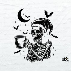 a skeleton holding a cup in its hand