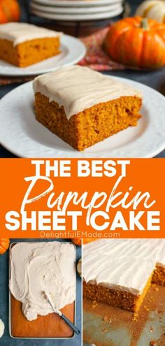 the best pumpkin sheet cake with cream cheese frosting on top is shown in this collage