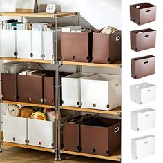 the shelves are filled with many different types of storage boxes and bins for office supplies