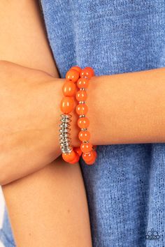 Infused with silver accents, rows of glassy and acrylic burnt orange beads are threaded along stretchy bands around the wrist, resulting in a refreshing pop of color. Sold as a pair of bracelets. Bedazzled Jewelry, Orange Ring, Gray Ring, Gray Necklace, Orange Bracelet, Brown Bracelet, Mixed Metal Jewelry, Charm Making, Paparazzi Accessories