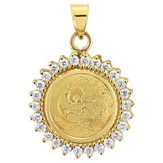 1/20OZ Panda Gold Coin Necklace with Diamond Halo 14k Yellow Gold. Embrace the beauty of the East with our exquisite Panda Gold Coin Diamond Halo Necklace, a true treasure meticulously crafted in 14k Yellow Gold. This stunning necklace showcases a captivating 1/20OZ Panda Gold Coin adorned with half a carat of dazzling natural genuine diamonds. This piece is not only an embodiment of Asian jewelry but also a cherished vintage collectors coin, symbolizing wealth and prosperity. ♥ Coin Information ♥ Coin Metal: 1/20 OZ Fine Gold .999 Denomination: 5 Yuan Country: China Obverse: Temple of Heaven structure Reverse: Image of Panda varies by year Year: Varies ♥ Pendant Information ♥ Main Stone: Diamond Approx. Diamond Carat Weight: .52cttw Diamond Clarity: SI1 Diamond Color: G/H Setting Material Collectible Round Coin Pendant Jewelry, Anniversary Gold Plated Coin Pendant Jewelry, Anniversary Gold Plated Jewelry With Coin Pendant, Anniversary Gold-plated Coin Pendant Jewelry, Anniversary Coin Pendant Jewelry, Anniversary Gift Coin Pendant Jewelry, White Gold-plated Jewelry With Coin Pendant, Antique Gold Plated Round Pendant Jewelry, Yellow Gold Coin Pendant Medallion Jewelry