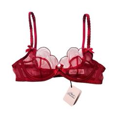 Red Mesh Plunge Bra By Agent Provocateur. Scalloped Edge Soft Cups, Austrian Embroidery Adorns Romantic Scalloped Edges, Sheer Tulle Base, Concealed Hook-And-Eye Fastening At Back, Adjustable Shoulder Straps, Red Silk Satin Bows Sit At Centre And Atop Of Straps, Semi-Sheer, Underwired. - Size 34c - Brand New With Tags Tags Boudoir Glam Vintage Dita Von Teese Glam Sexy La Perla Burlesque Intimissimi Kiki De Montparnasse La Perla Fleur Du Mal Knickers Vday Valentines Day Idea Tights Hosiery Nylons Logo Text 50's 50s Glamour Halloween Red Hot Austrian Embroidery, Red Burlesque, Valentines Day Idea, 50s Glamour, Kiki De Montparnasse, Dita Von, Logo Text, Dita Von Teese, Plunge Bra