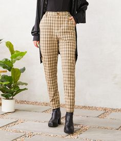 Willow & Root Plaid Trouser Pant - Brown/Khaki Small, Women's Tanblackcream Knit pant Inseam measures 27 Rise measures 12 13 bottom opening Elasticized waistband. 97% Polyester 3% Spandex. Hand wash cold. Do not bleach. Line dry/hang to dry. Cool iron.. WOMEN'S BOTTOMS SIZE CONVERSION CHART Waist (size) 22 23 24 25 26 27 28 29 30 31 32 33 34 36 38 Juniors - 00 0 1 3 5 7 9 11 13 15 - - - - US - - 00 0 2 4 6 8 10 12 14 16 18 20 22 S/M/L Sizing - XXS XS S S M M L L XL XXL XXL - - EU - - - - 32 34 3