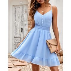 Light Blue Button Detail Slim Waist Casual Sundress