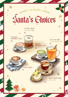 an advertisement for santa's choice teas and hot drinks on a holiday table