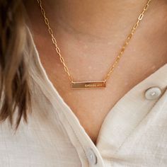 Two of your faves combined to make the most perfect necklace! A classic must have paperclip chain adorned with our best selling 1.25" bar makes this duo a show stopper this season. The bar can be personalized with names, words, or date of your choice (up to 14 characters). Font comes in uppercase letters only. •D E T A I L S• -Available in 14k gold filled or sterling silver -Length of necklace includes the bar. GIVING THIS AS A GIFT? Your jewelry will arrive to you in one of our beautifully bran Feather Design, Uppercase Letters, Silver Pieces, Pure Gold, Gold Filled Jewelry, The Bar, Bar Necklace, Pure Silver, Precious Metals