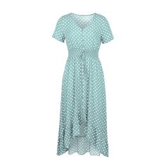 Aquamarine Polka Dot High Low Maxi Dress Short Sleeve Polka Dot Maxi Dress For Beach, Polka Dot Short Sleeve Beach Dress, Polka Dot Midi Maxi Dress For Beach, Polka Dot Midi Dress With Short Sleeves For Vacation, Casual Polka Dot Midi Dress For Beach, Casual Polka Dot Short Sleeve Maxi Dress, Casual Polka Dot Maxi Dress With Short Sleeves, Polka Dot Knee-length Midi Dress For Vacation, Polka Dot Short Sleeve Midi Dress For Beach