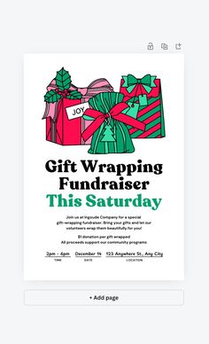 the gift wrapping fundraiser flyer is displayed on an iphone screen, with presents wrapped in red and green