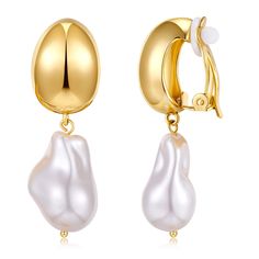 PRICES MAY VARY. Chunky Gold Clip On Earrings for Women: WOWORAMA 18k gold plated clip on pearl earrings feature a gold oval dome that hangs with a big simulated baroque pearl. A very statement and chic design that gives an amazing feeling of beauty. Non-Pierced Baroque Pearl Clip On Earrings: The top of the large pearl clip on earrings is an ear clip-on back design, so people who don't have pierced ears can also enjoy wearing gold statement clip on pearl drop earrings. Stylish Gold Clip On Pear Victorian Clip On Earrings, Double Pearl Earrings, Large Pearl Earrings, Dangle Earrings Wedding, Gold Clips, Hanging Earrings, Big Earrings, Pearl Earrings Dangle, Jewelry For Her