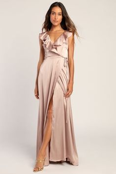 Blush Satin Maxi Dress - Chic Ruffled Maxi - Flutter Sleeve Gown - Lulus Satin Wrap Dress Nordstrom, Spring Satin Dress With Ruffles For Formal Occasions, Spring Formal Satin Dress With Ruffles, Flowy Satin Dress With Ruffles, Spring Satin Dress With Flutter Sleeves, Satin V-neck Maxi Dress With Ruffles, Satin Maxi Dress With V-neck And Ruffles, Satin Maxi Dress With Ruffles And V-neck, Ruffle Bridesmaid Dress