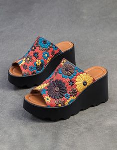 Fish Toe Ethnic Style Flower Printed Wedge Slippers — Obiono Wedge Slippers, Summer Sandals Wedge, Platform Boots Chunky, Summer Boots, Chunky Heels Boots, Heel Slippers, Chunky Heels Sandals, Summer Color, Summer Sandals