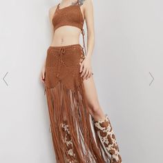 Boho Crochet Skirt Set Features A Cropped Tank With Side Tie Details. Maxi Skirt With Fringe Trim Polyester Blend Color: Mocha Brown Mini Skirt For Festival, Bohemian Brown Bottoms With Fringe, Bohemian Brown Fringe Bottoms, Crochet Skirt Pattern Free, Fringe Maxi Skirt, Crochet Skirt Set, Skirt With Fringe, Skirt Pattern Free, Crochet Tie