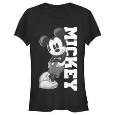 Who knew that dressing "mousey" could be so cute!? Celebrate Walt Disney's most iconic character with this officially licensed Mickey & Friends Black and White Mickey Mouse Juniors' Tee, featuring Mickey looking cool while leaning against his name. This graphic tee is perfect for the whole family, so grab one for yourself or a loved one today! Black Minnie Mouse T-shirt Short Sleeve, Black Minnie Mouse Short Sleeve T-shirt, Black Disney T-shirt For Fan Events, Black Disney Fan Merchandise T-shirt, Black T-shirt With Minnie Mouse Graphic, Crew Neck, Disney Black T-shirt With Character Print, Black Mickey Mouse Top For Disney Fan Events, Black Mickey Mouse Tops For Disney Events, Black Disney Character Print T-shirt