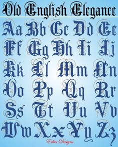 an old english alphabet with the letters and numbers in blue, black and white ink