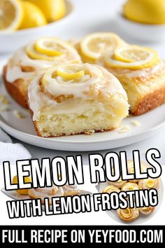 lemon rolls with lemon frosting on a white plate