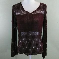 This Lovely, Classic Sweater Is Done In A Lacy Open Crochet With Floral Medallion Accents And A Scalloped Bottom. There Are Ties At The Neckline, And The Sleeves Flare Out As They Near Their End. From Armpit To Armpit It Measures Approx. 21", And From Shoulder To Hem It's 24". The Color Is A Deep Burgundy; It Shows True On My Devices But I Can't Be Responsible For Variations In Color Caused By Different Screens. No Lowball Offers! This Is A $145 Sweater! Fall Crochet V-neck Top With Crochet Trim, Fitted Fall Sweater With Crochet Trim, Fall V-neck Crochet Top With Crochet Trim, Fitted Sweater With Crochet Trim For Fall, V-neck Crochet Top With Crochet Trim For Fall, Fitted Crochet Trim Top For Winter, Fitted Crochet Top With Crochet Trim For Winter, Fitted Long Sleeve Crochet Top For Fall, Vintage Long Sleeve Open Knit Tops