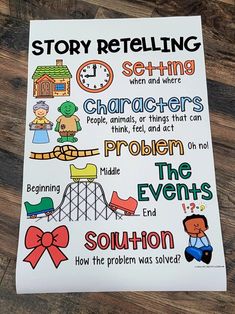 the story telling poster is displayed on a wooden table