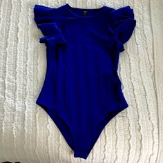 Royal Blue Butterfly Sleeve Bodysuit Super-Flattering Chic Blue Stretch Bodysuit, Chic Blue Bodysuit For Spring, Blue Ruffled Bodysuit For Summer, Yellow Bodysuit, Black Bodysuit Longsleeve, Black Princess, Turtleneck Bodysuit, Floral Bodysuit, Pink Bodysuit