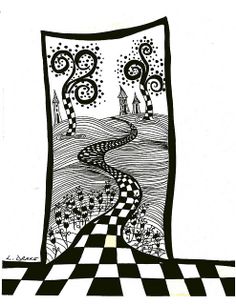 a black and white drawing of a checkered floor with an open door leading into the sky