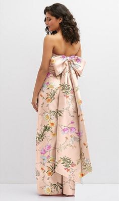 Formal Column Dress, Oversized Bow Dress, Chic Midi Length Prom Gown, Strapless Floral Print Dresses For Prom Season, Chic A-line Bridesmaid Gown, Chic Midi-length Gown For Prom Season, Feminine Formal Maxi Dress, Floral Print Maxi Strapless Dress For Garden Party, Spring Sleeveless Satin Gown