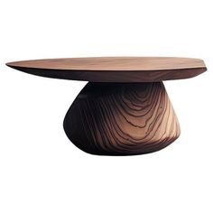 an oval wooden table with wavy lines on the top and bottom, against a white background