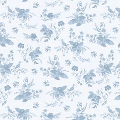 a blue and white wallpaper with flowers on it