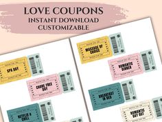 two movie tickets with the words love coupons instant download customizable on them