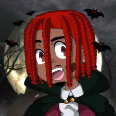 a cartoon character with red hair and bats in the background