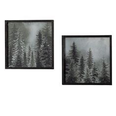 two black and white paintings with trees in the background