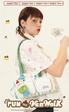 Summer Tea Sweet Pocket Shoulder Bag | Bag | Three Fleas Green Shoulder Bag For Back To School, Kawaii Shoulder Bag For Everyday And Back To School, White Harajuku Shoulder Bag For Everyday, Cute Canvas Bag With Adjustable Strap For Travel, Cute Canvas Travel Bag With Adjustable Strap, Trendy Shoulder Bag With Pockets For Gift, Trendy Shoulder Bag With Pockets As Gift, Kawaii Travel Bag With Pockets, White Kawaii Shoulder Bag For Back To School