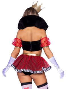 They’ll lose their heads over how good you look in the Wicked Wonderland Queen costume by Leg Avenue. The 3 piece commanding Queen of Hearts costume features a two-tone boned crop top with stay up collar and broach accent, garter panty with peplum skirt, and crown headband. This sexy womens Halloween costume pairs perfectly with other Alice in Wonderland characters for a magical group costume. (Gloves sold separately) Package Includes: crop top, garter panty, crown Fit & Style: With details fit Halloween Costume Pairs, Costume Pairs, White Rabbit Costumes, Lego Costume, Australian Costume, Pirate Wench Costume, Legend Of Zelda Costume, My Little Pony Costume, St Patrick's Day Costumes