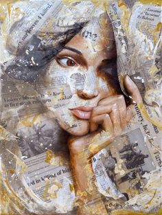 a woman's face is covered in newspaper and has her hands on her chin