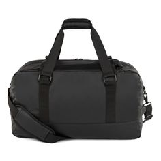 a large black duffel bag with straps on the front and shoulder strap, sitting against a white background