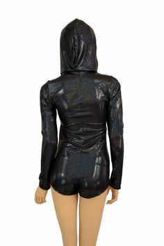 "This item is made to order, please read all the way through the listing before purchasing! This bodysuit is made of lycra spandex with dazzling holographic shine. The dark, beautiful black hologram sparkles tiny rainbows with every move you make! Long sleeves, full hood, and boy cut legs. Hood is lined with black zen soft knit fabric. Four way stretch for a figure forming fit. This bodysuit is unlined. Womens Sizing (See below for instructions on where measurements should be taken) XXS: Bust 29 Futuristic Stretch Bodysuit For Costume Party, Fitted Black Futuristic Bodysuit, Futuristic Fitted Bodysuit For Night Out, Metallic Shiny High Stretch Unitard, High Stretch Black Bodysuit For Halloween, High Stretch Black Unitard For Halloween, Metallic Stretch Unitard For Night Out, Black Stretch Unitard For Club, Stretch Rave Unitard For Costume Party