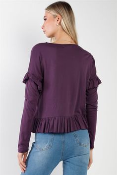 🖤 Item features: Grape, solid color, raw cut flounce frill, asymmetrical hem cut layered flounce, round neck, semi sheer, long sleeve, unlined, stretchy, basic, casual, cute, girlish Flounce Top, Sheer Long Sleeve, Asymmetrical Hem, Asymmetric Hem, No Frills, Grapes, Round Neck, Solid Color, Long Sleeve