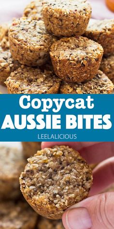 a person holding up some cookies in front of them with the words copycat aussie bites